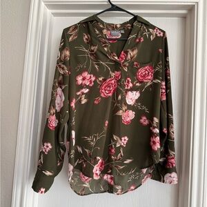 New York & Company Olive and Rose Floral Blouse